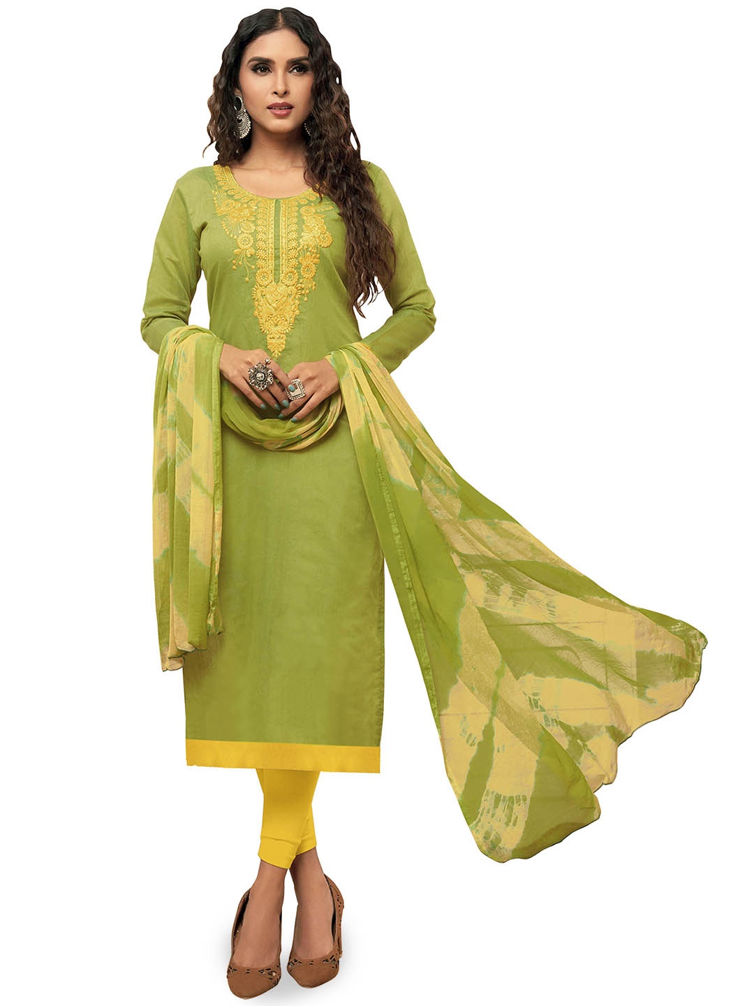 

HERE&NOW Floral Embroidered Thread Work Modal Unstitched Dress Material, Lime green