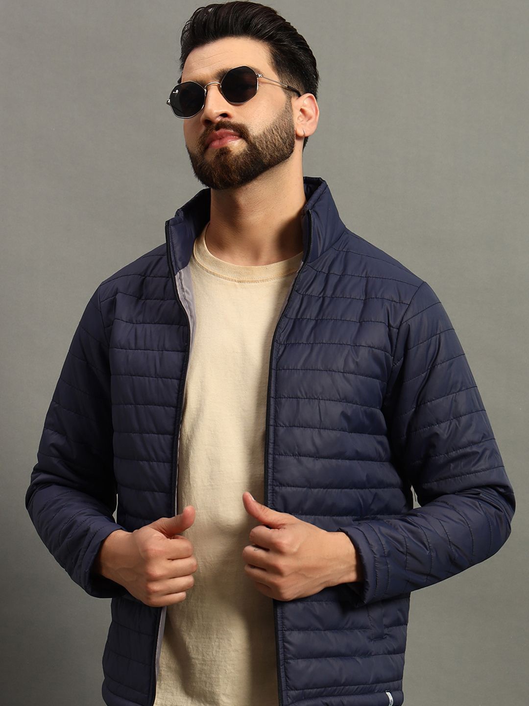 

RENUOVO Men Mock Collar Solid Casual Padded Jacket, Navy blue