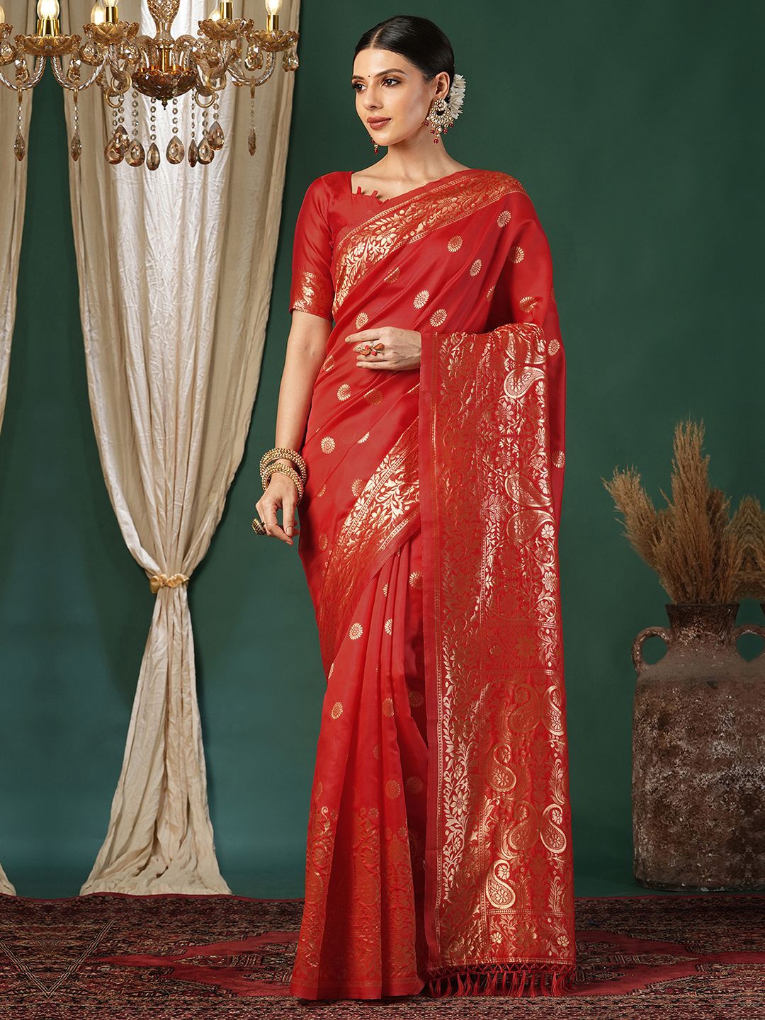 

KALINI Woven Design Zari Silk Blend Banarasi Saree, Red