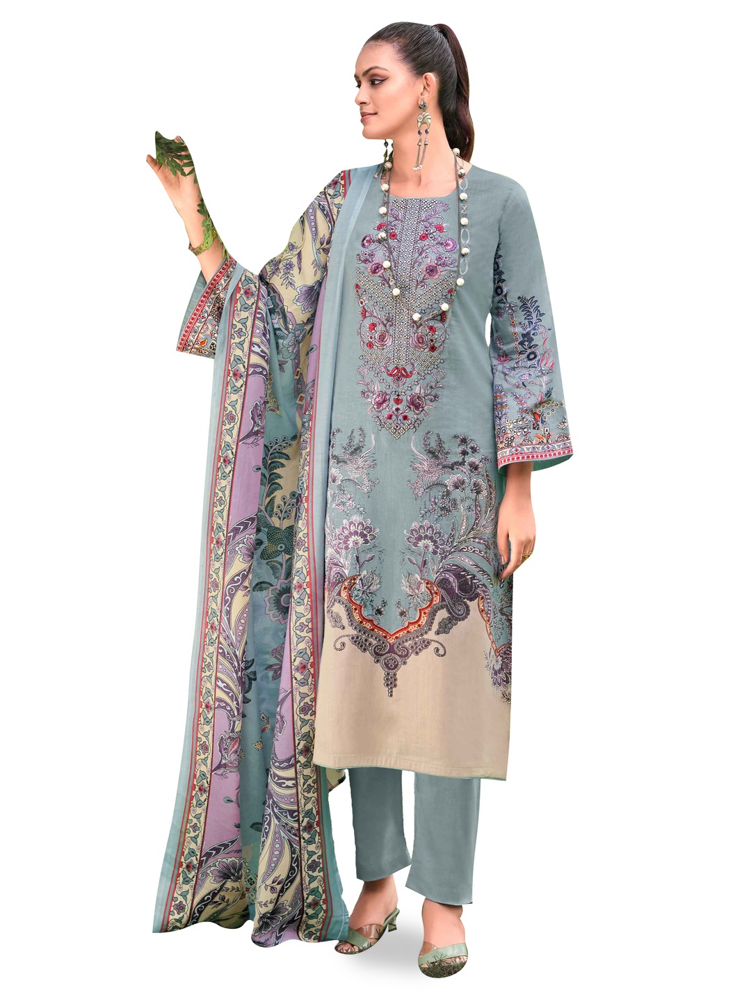 

DRAVINAM Trends Floral Embroidered Pure Cotton Unstitched Dress Material, Grey