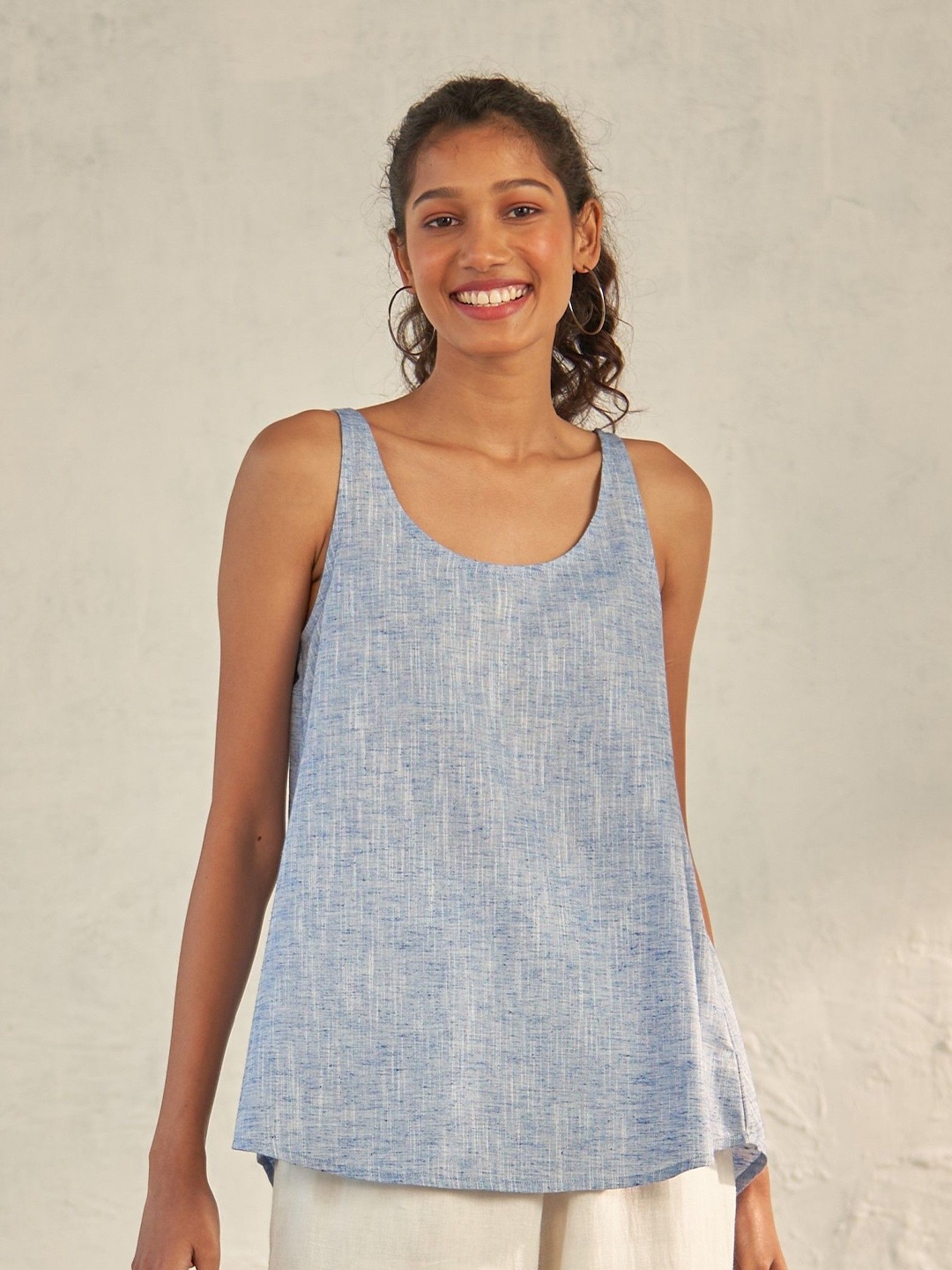 

Canoopi Women Round Neck Cotton A-Line Top, Blue