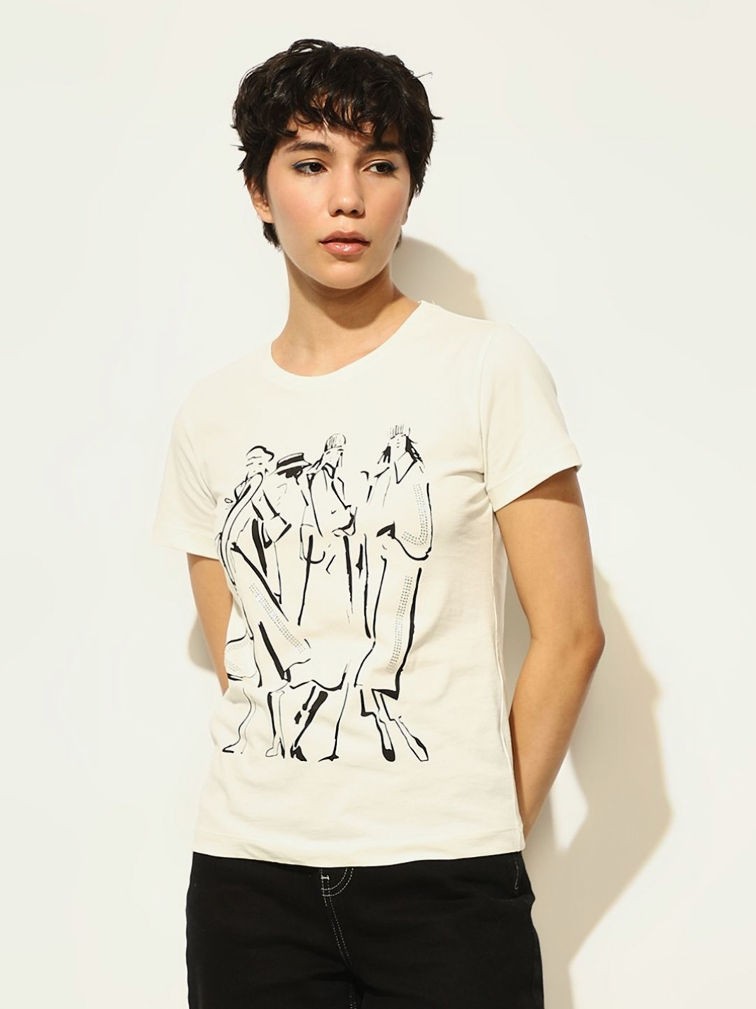 

ONLY Women Graphic Printed Round Neck Cotton T-shirt, Cream