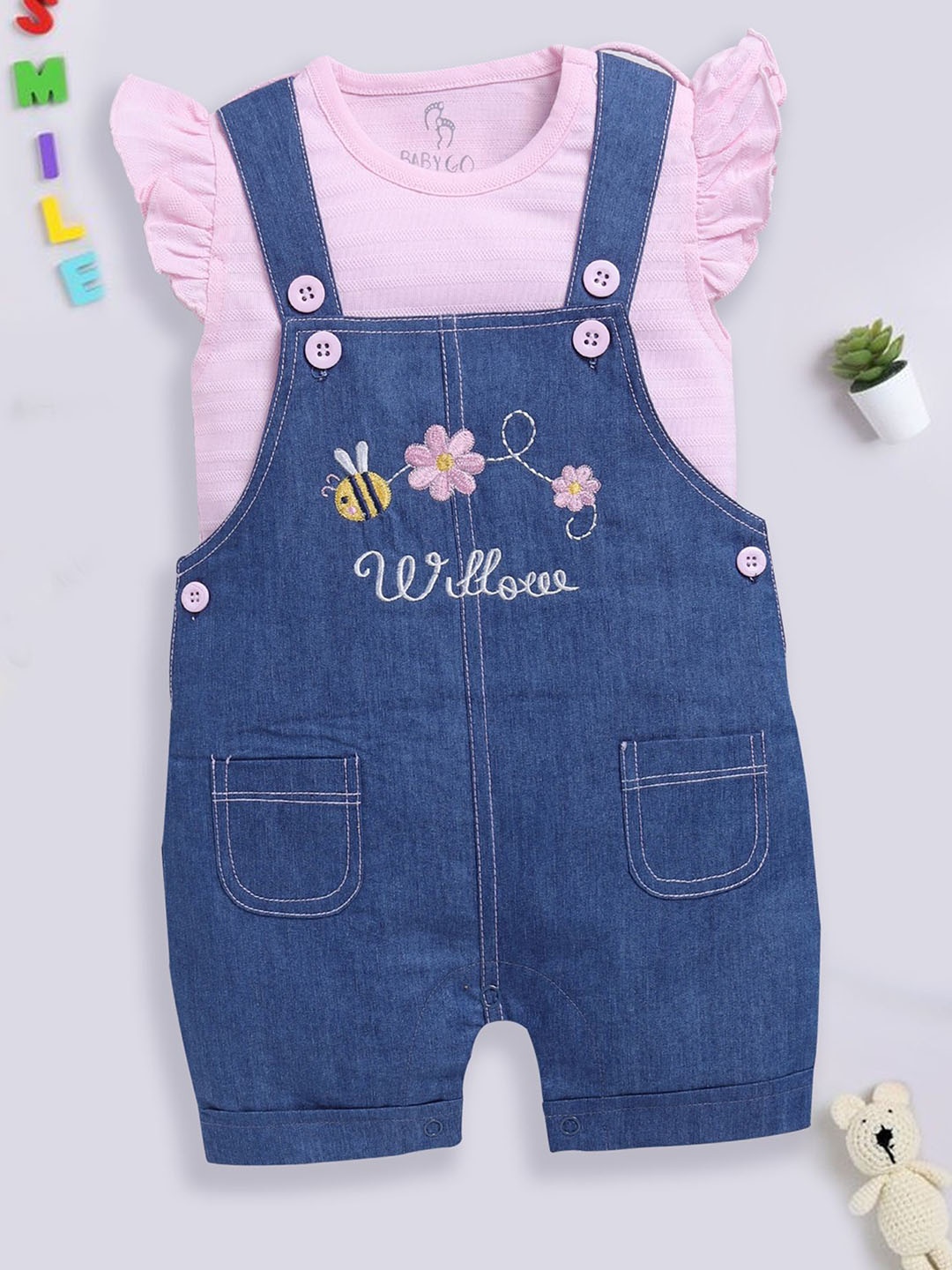 

BABY GO Girls Embroidered Romper With T-Shirt, Blue