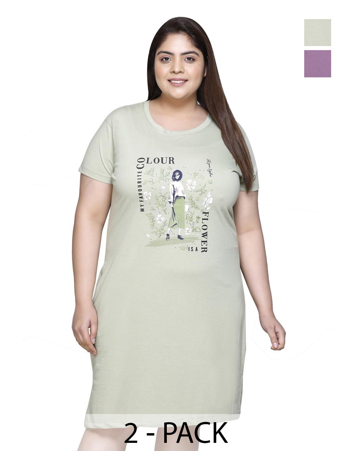 

IN Love Pack of 2 Women Plus Size Graphic Printed T-shirt Nightdress, Green