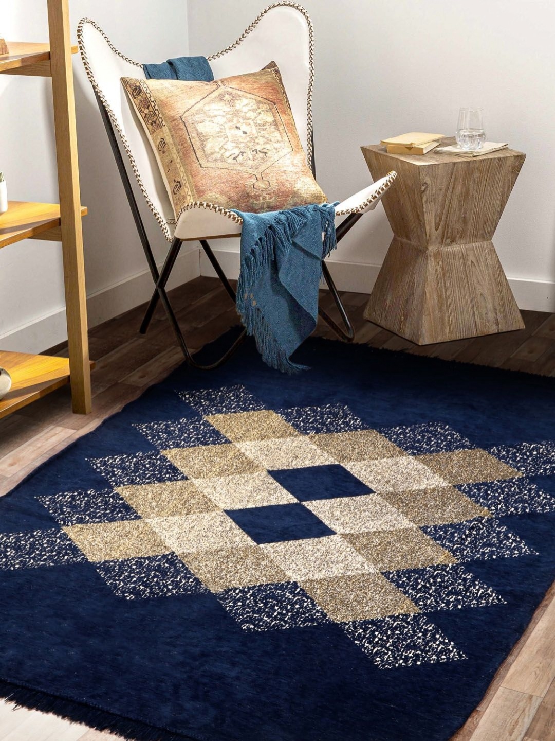 

bsb home Navy Blue & Beige Geometric Printed No Shredding Velvet Rectangular Carpet