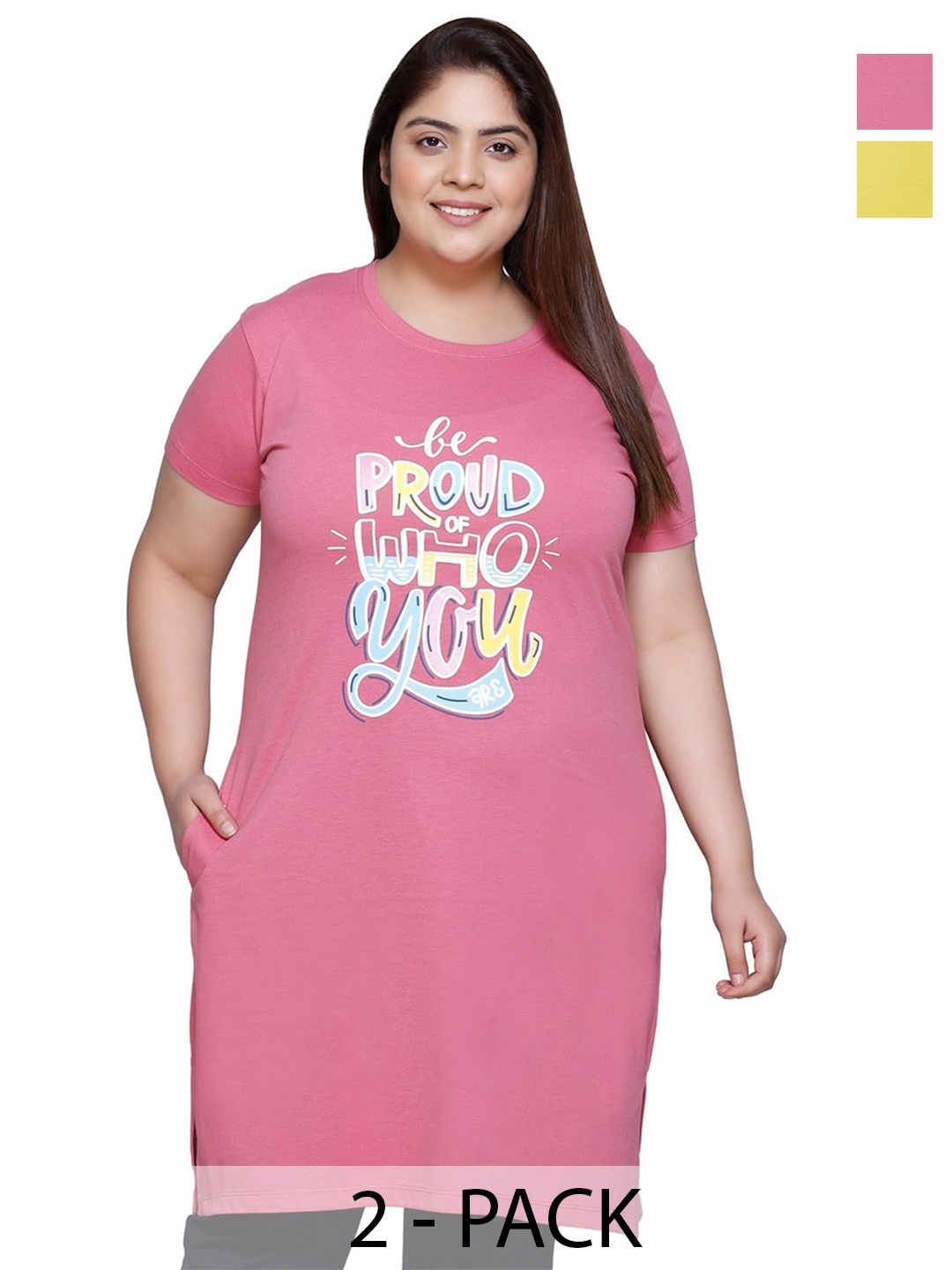 

IN Love Pack of 2 Women Plus Size Front Printed Cotton Nighty Chemise, Pink