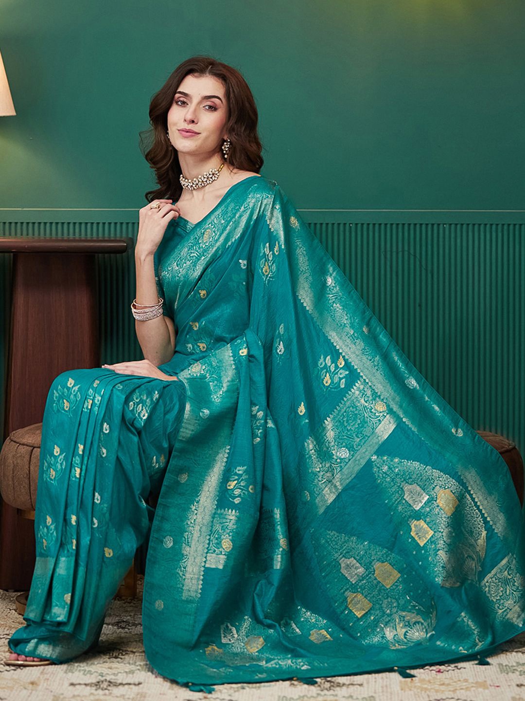 

Satrani Ethnic Motifs Zari Pure Silk Banarasi Saree, Blue