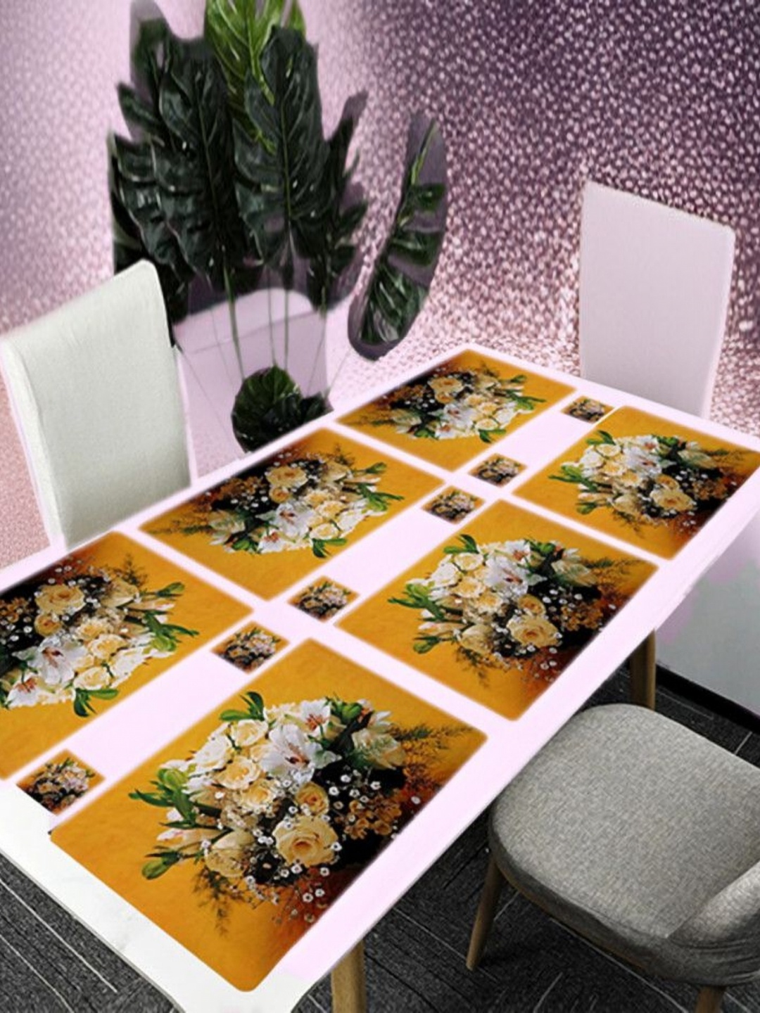 

REVEXO 6Pc Yellow & White Printed Rectangle Costers & Table Placemats