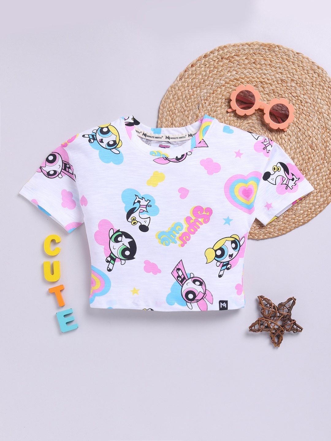 

YK X Minute Mirth Girls Powerpuff Girls Printed Crop T-shirt, White