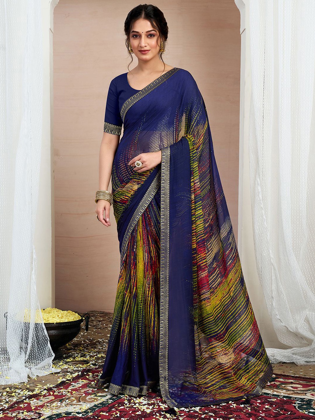 

KALINI Zari Pure Chiffon Saree, Blue