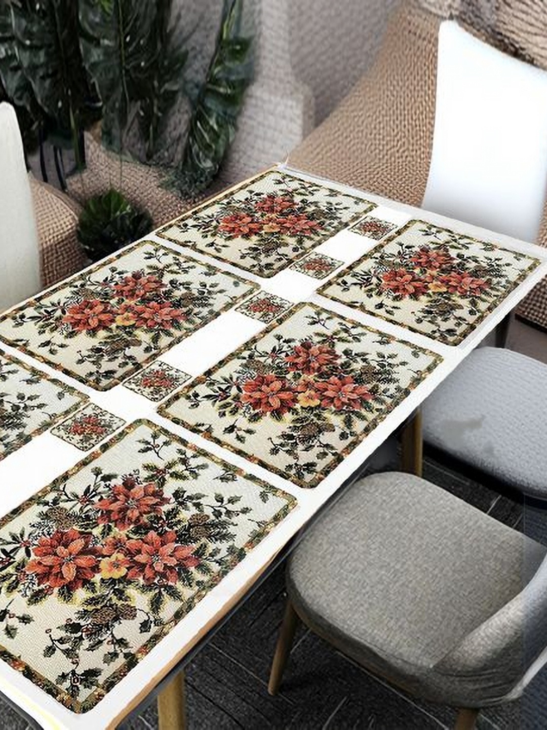 

REVEXO White & Green 12 Pieces Floral Printed Table Placemats & Coasters, Cream