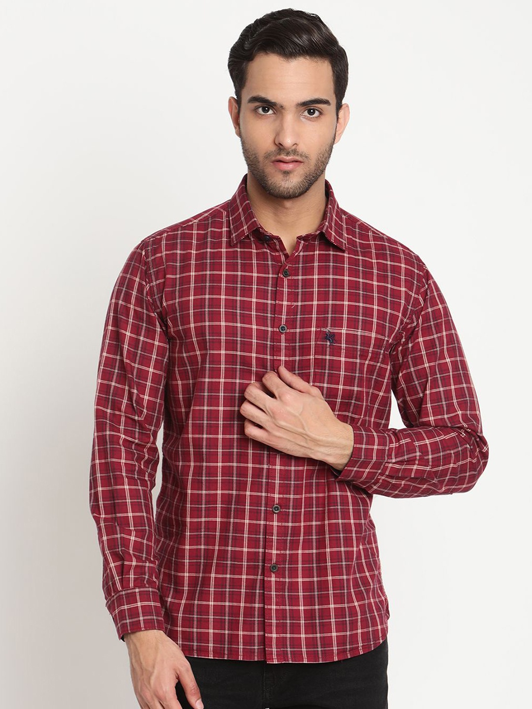

Cantabil Men Comfort Slim Fit Opaque Checked Casual Shirt, Red