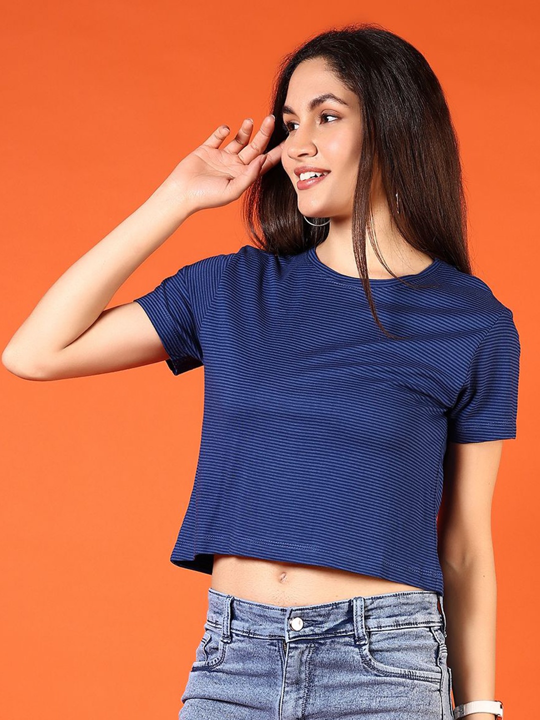 

V-Mart Women Striped Round Neck Cotton T-shirt, Navy blue