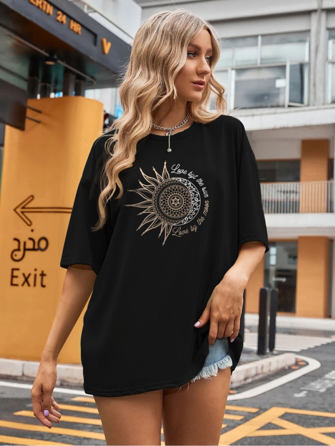 

TOGS & TERRE Women Graphic Printed Round Neck Cotton Oversized T-shirt, Black