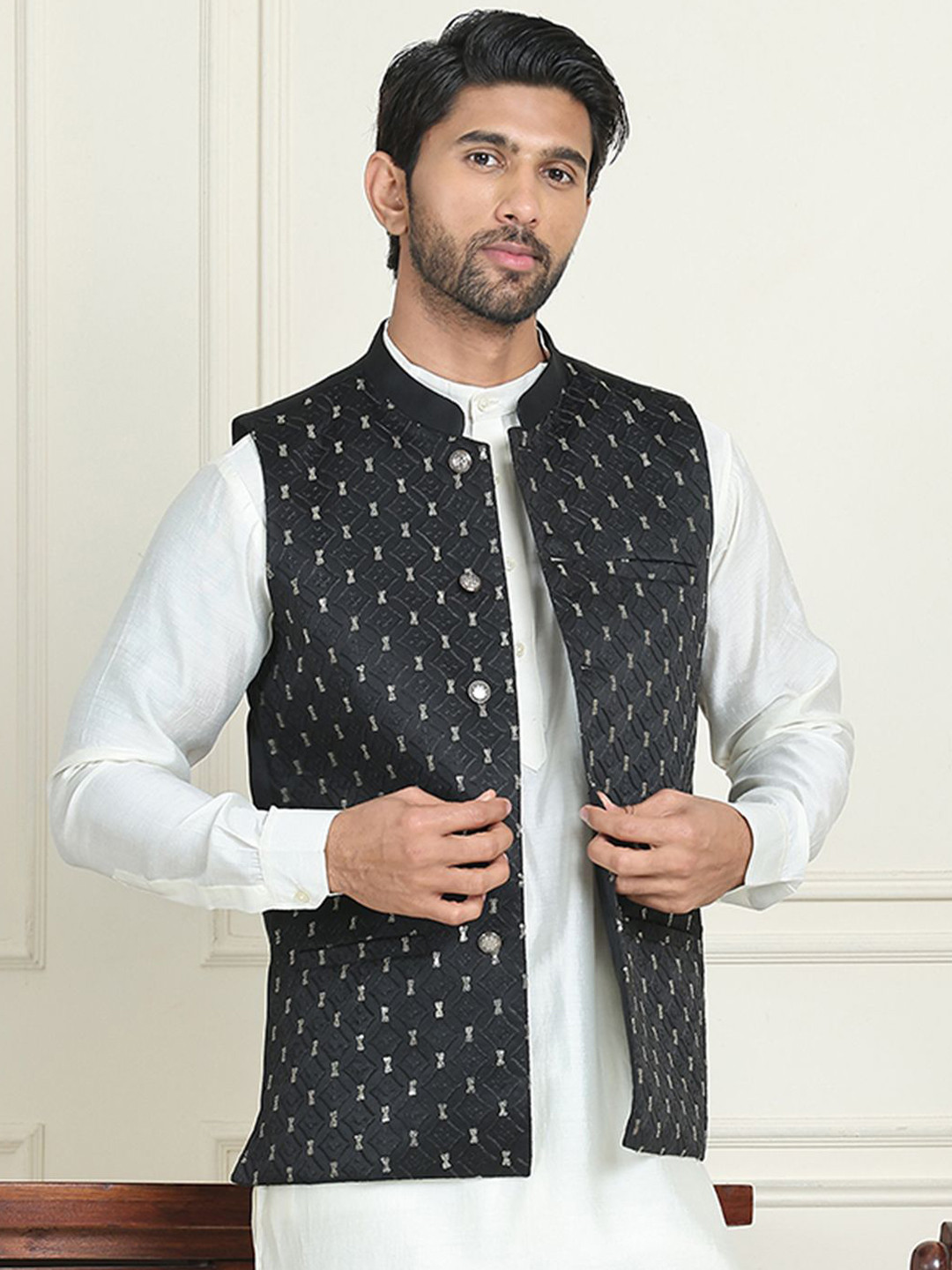 

Anouk Embroidered Woven Mandarin Collar Neck Nehru Jacket, Black
