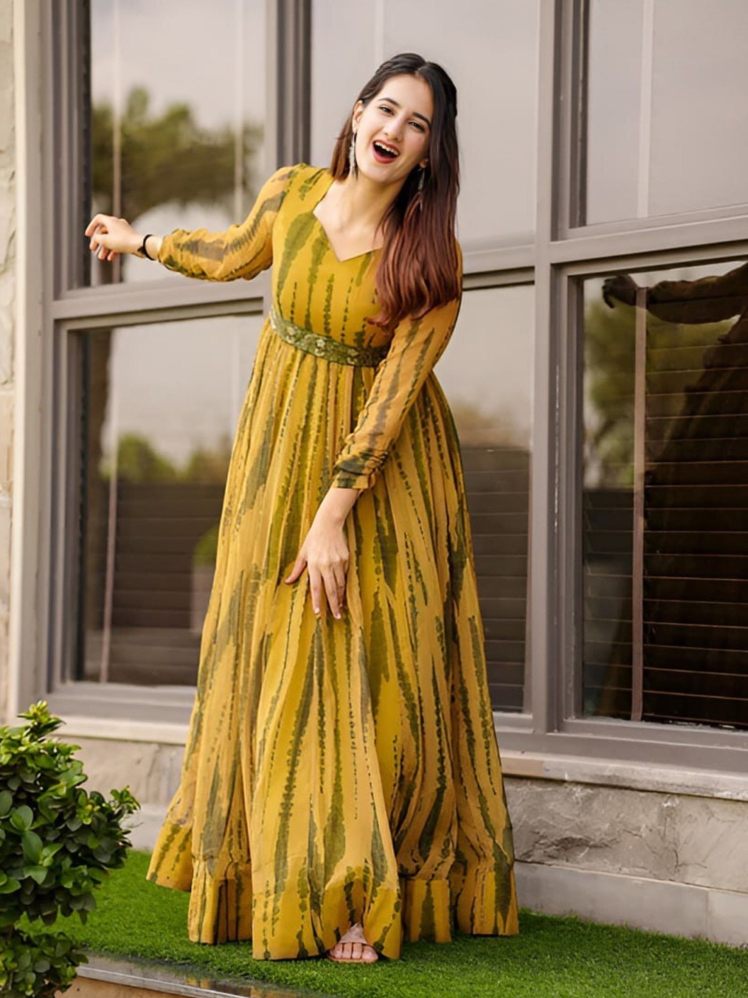 

Jash Creation Women Tie and Dye Fit and Flare Maxi Dress Comes with a belt, Yellow