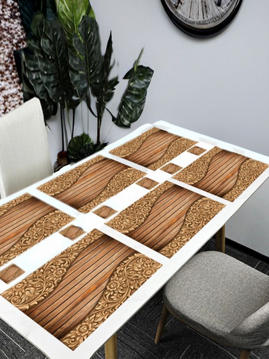 

REVEXO 12-Pcs Brown Printed Table Placemats&Coasters