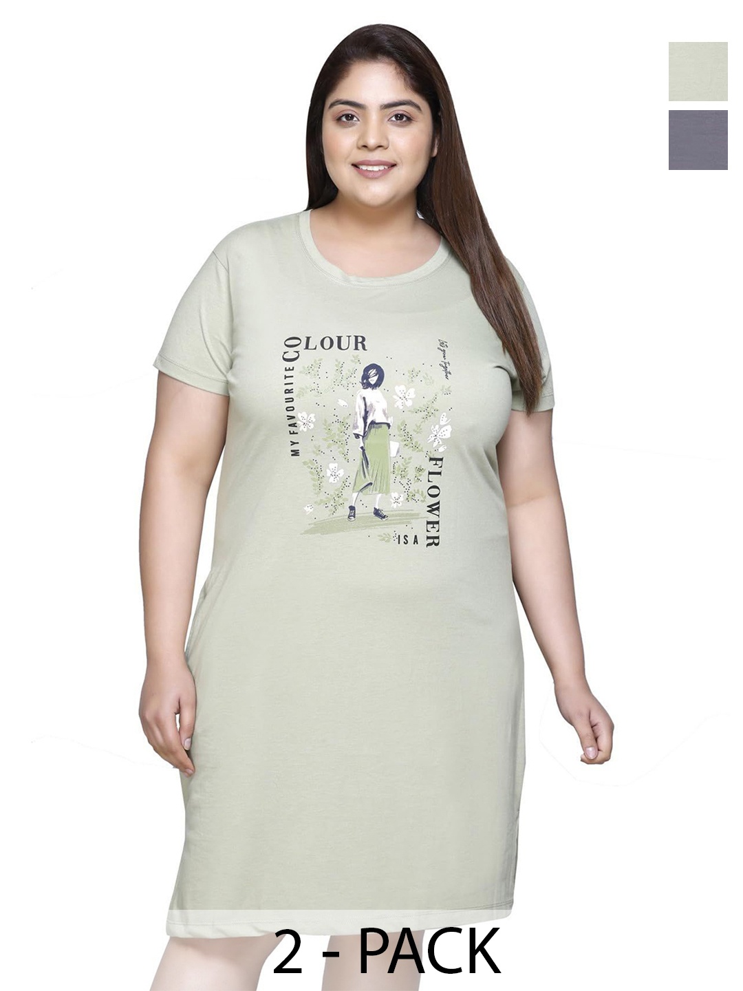 

IN Love Pack of 2 Women Plus Size Front Printed Cotton Nighty Chemise, Green