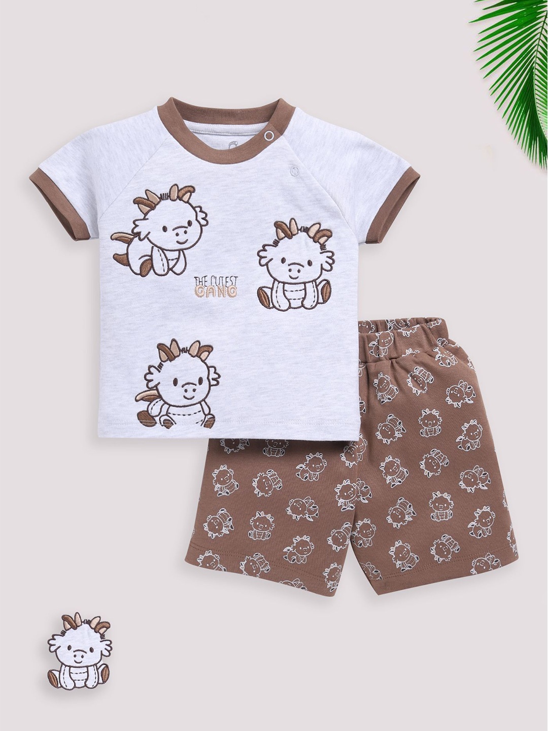 

BABY GO Boys Embroidered Round Neck T-Shirt With Shorts, Brown