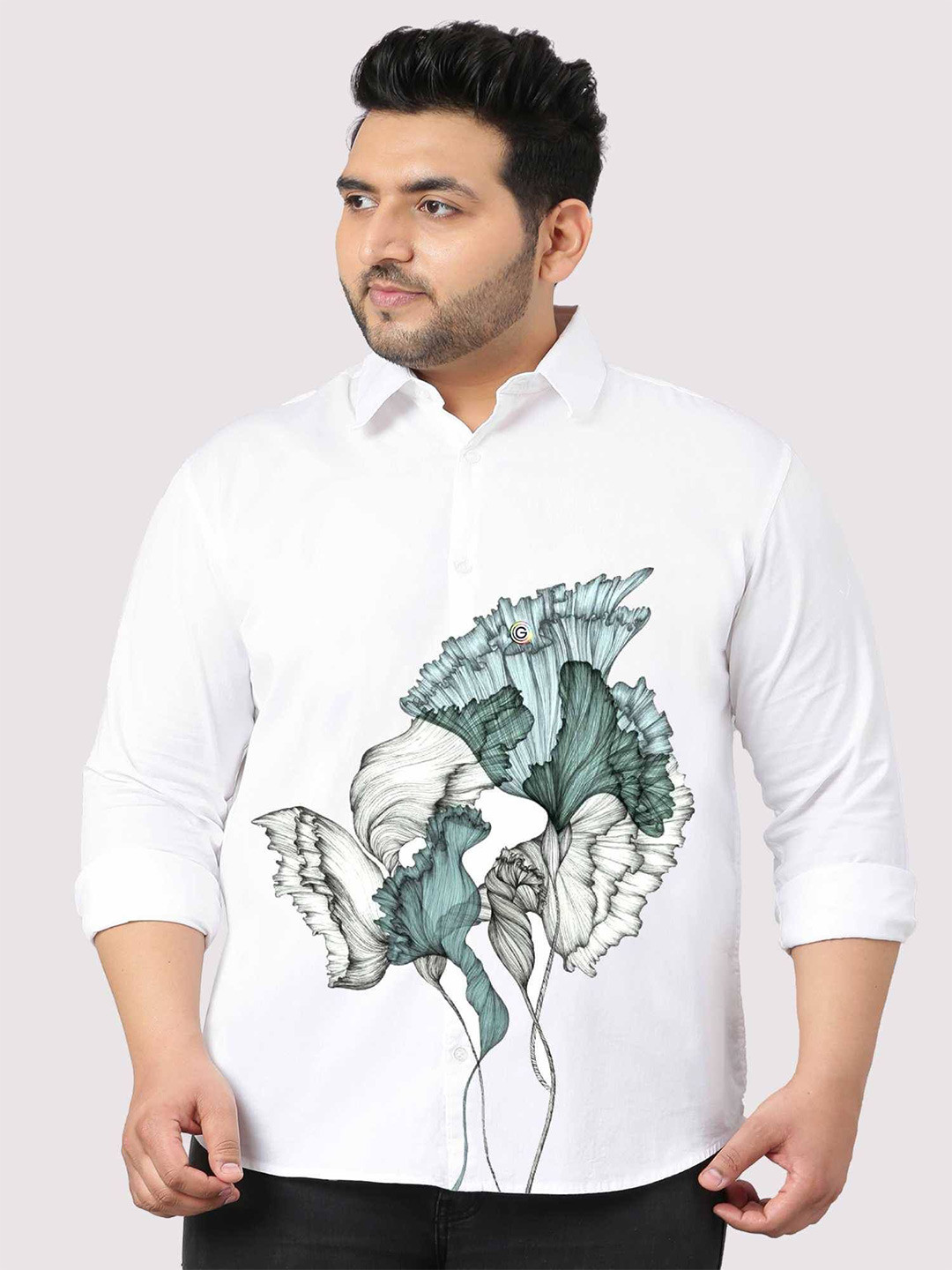 

Guniaa Men Plus Size Classic Fit Spread Collar Floral Printed Cotton Party Shirt, White