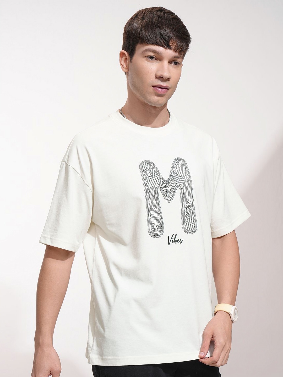 

HIGHLANDER Men Typography Printed Round Neck Cotton Oversized T-shirt, Off white