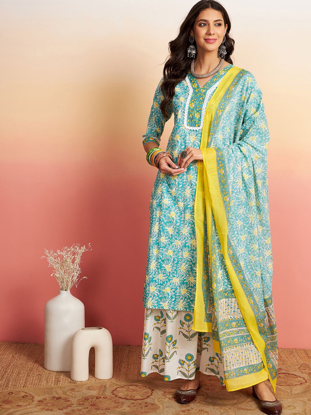 

Sangria Printed Pure Cotton Round Neck Kurta With Trouser & Dupatta Sets, Green