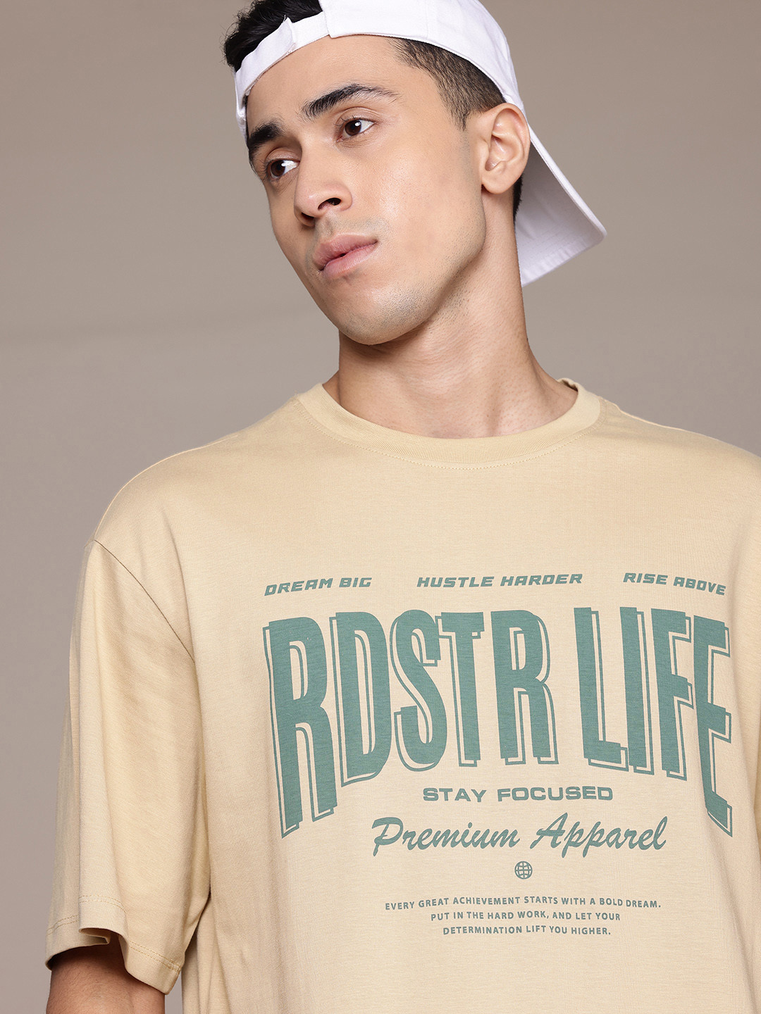 

The Roadster Lifestyle Co. Typography Print Drop-Shoulder Sleeves Pure Cotton T-shirt, Beige