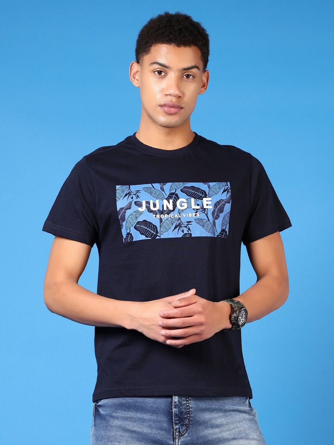 

V-Mart Men Floral Printed Round Neck Cotton T-shirt, Navy blue
