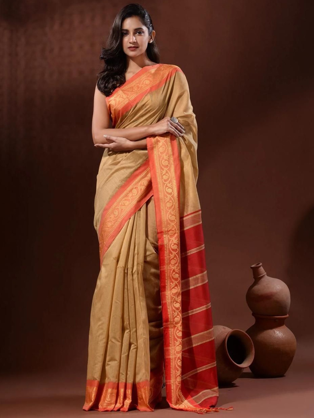 

SRILOK Pure Cotton Khadi Saree, Cream