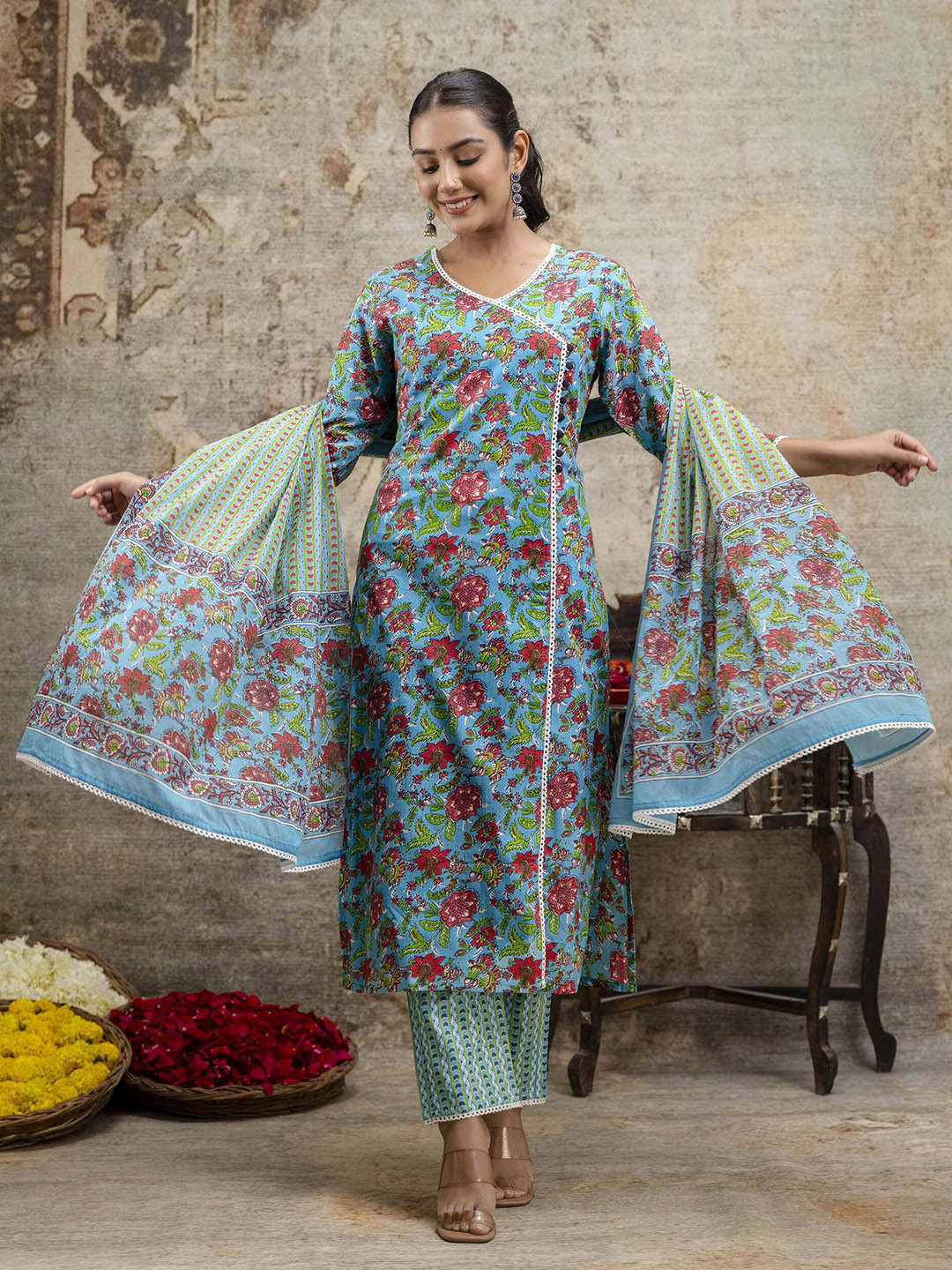 

Anouk Blue Floral Printed Pure Cotton Kurta With Trousers And Dupatta