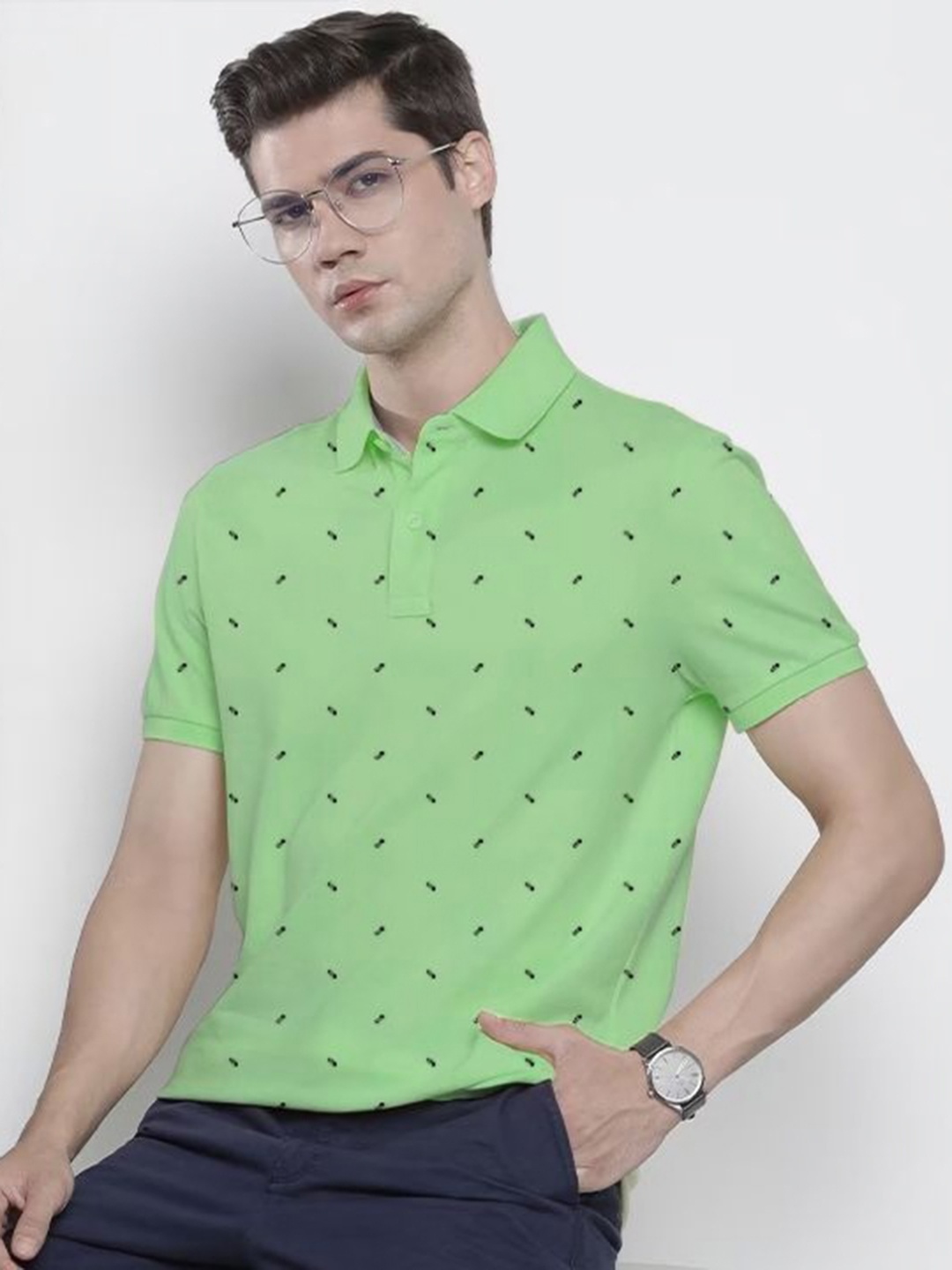 

MERRIMENT Men Geometric Printed Polo Collar Cotton T-shirt, Sea green