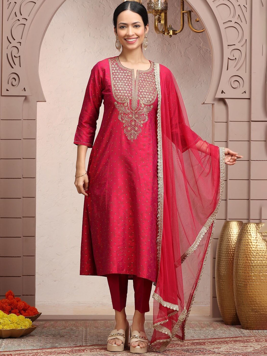 

COTTON CULTURE Floral Embroidered Notch Neck A-Line Kurta With Trousers & Dupatta, Red