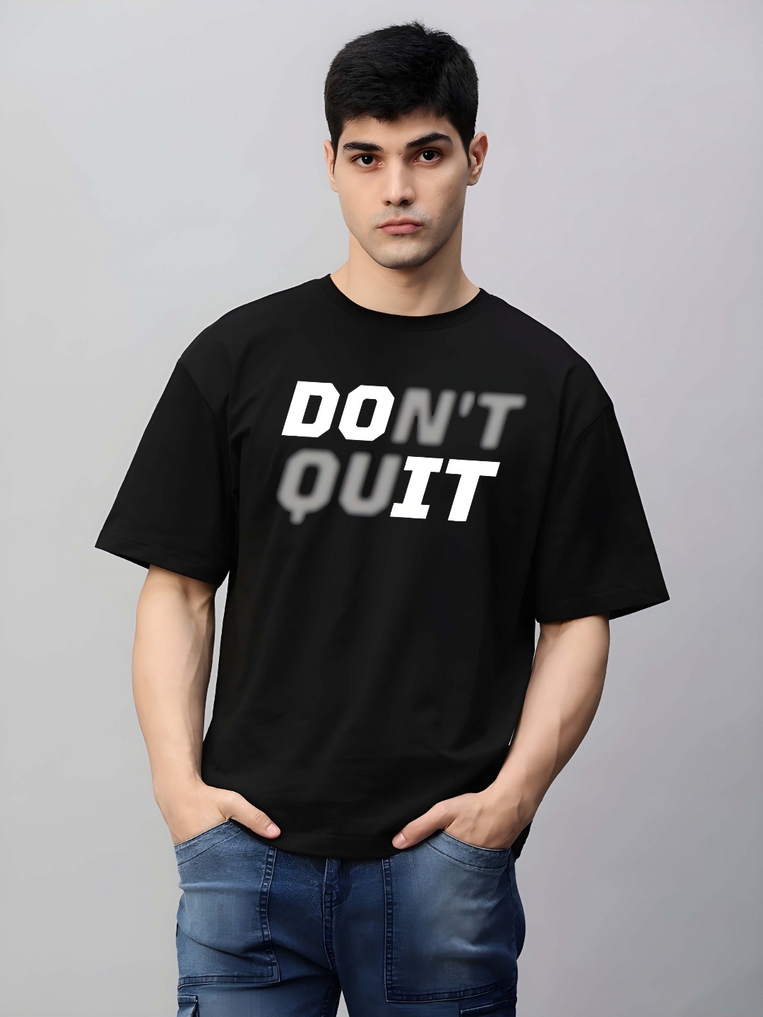 

SZN Men Typography Printed Round Neck Cotton Oversized T-shirt, Black