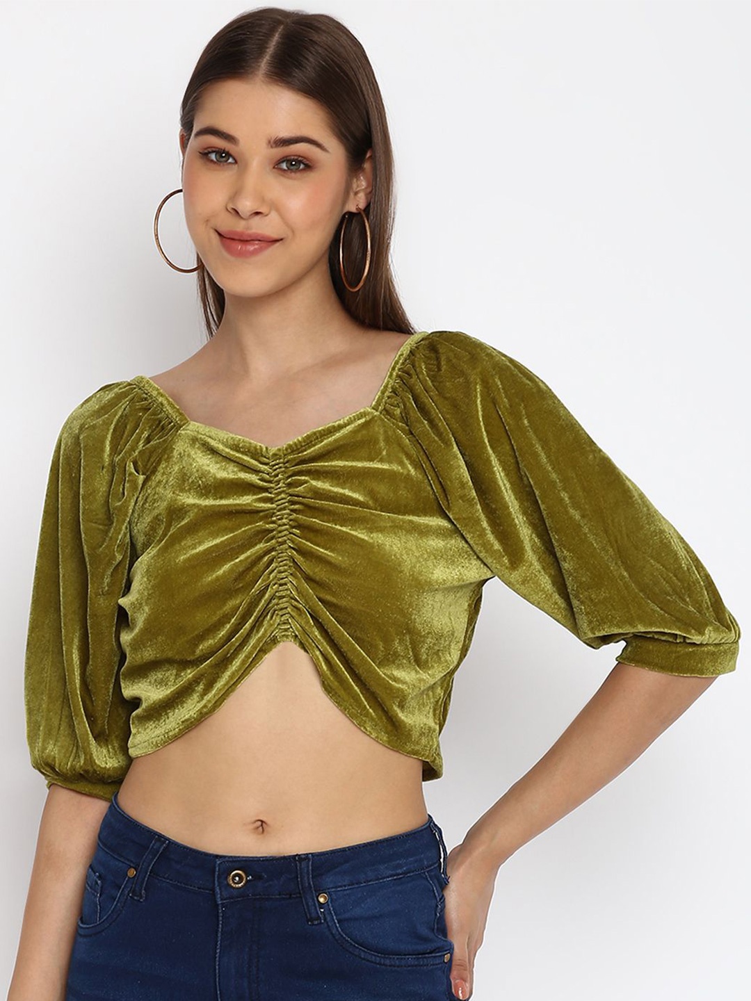 

DressBerry Sweetheart Neck Puff Sleeve Velvet Top, Olive