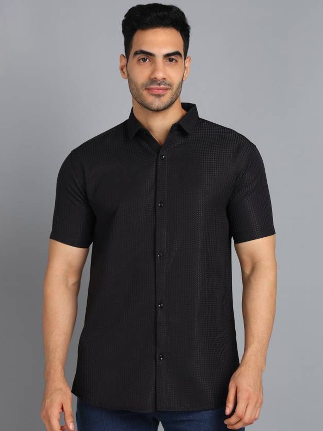 

iCome Men Spread Collar Textured Casual Shirt, Black