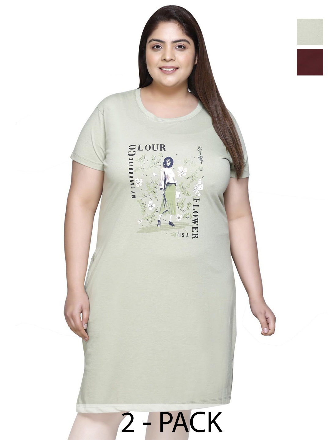 

IN Love Pack of 2 Women Plus Size Front Printed Cotton Nighty Chemise, Green
