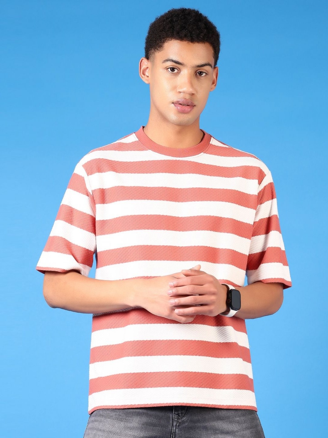 

V-Mart Men Striped Round Neck Cotton T-shirt, Peach