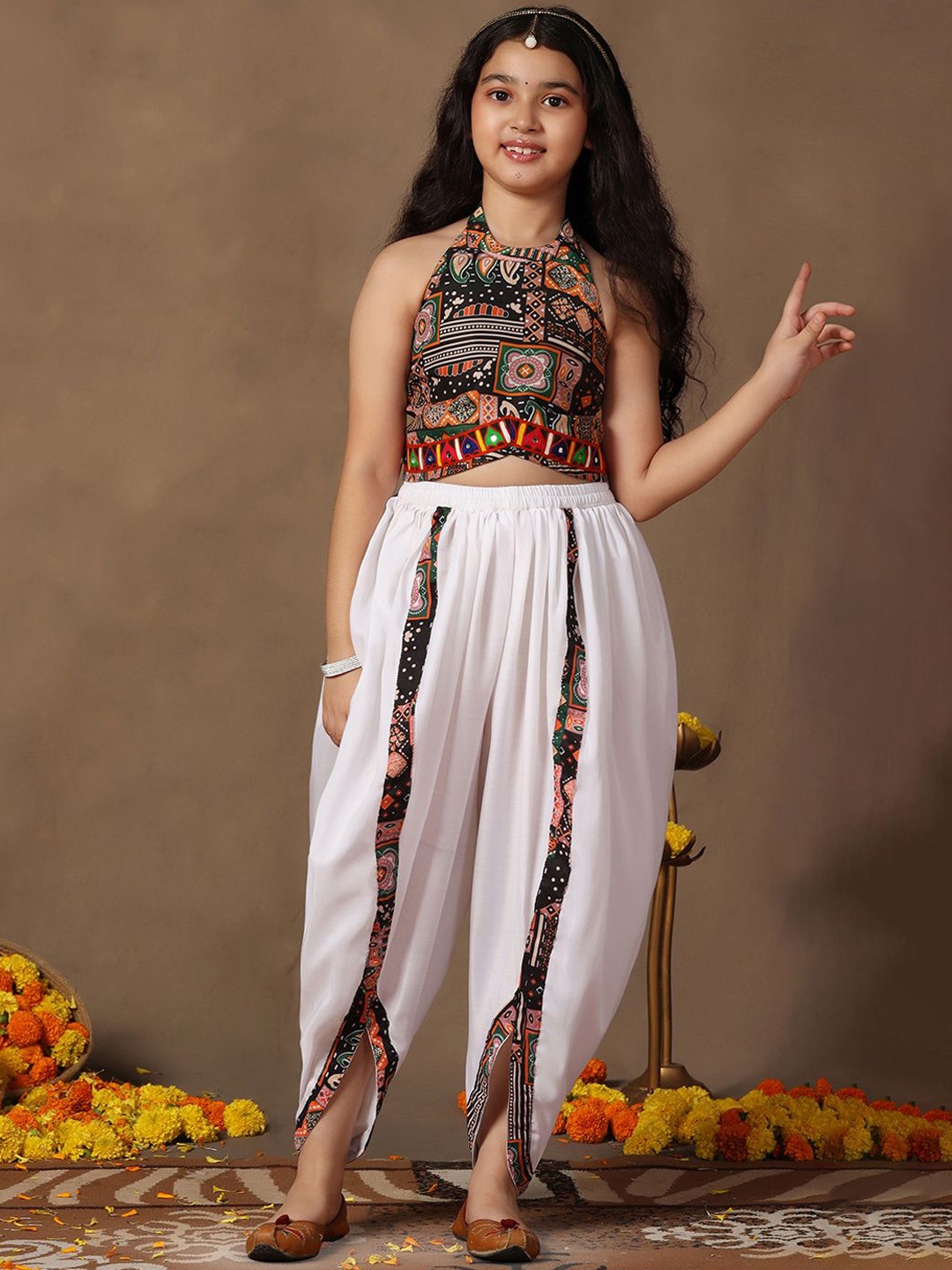 

Sangria Girls Black Ethnic Motifs Printed Halter Neck Crop Kurta And Dhoti Pants