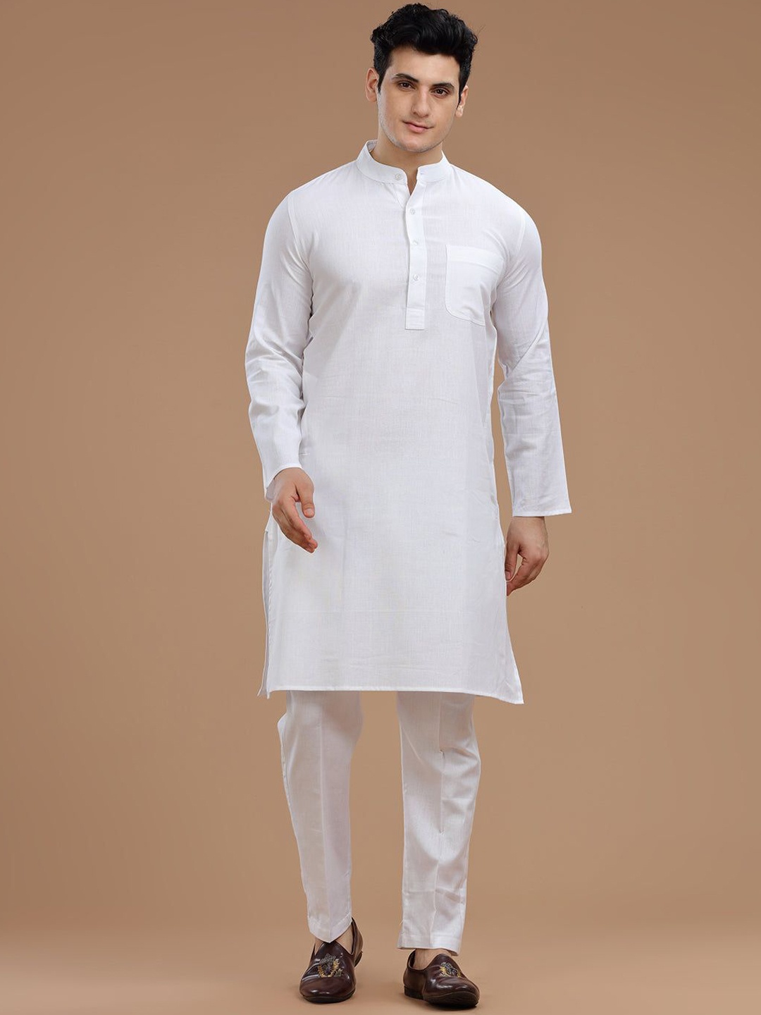 

VIDYARTHI Band Collar Long Sleeves Pure Cotton Khadi Straight Kurta, White