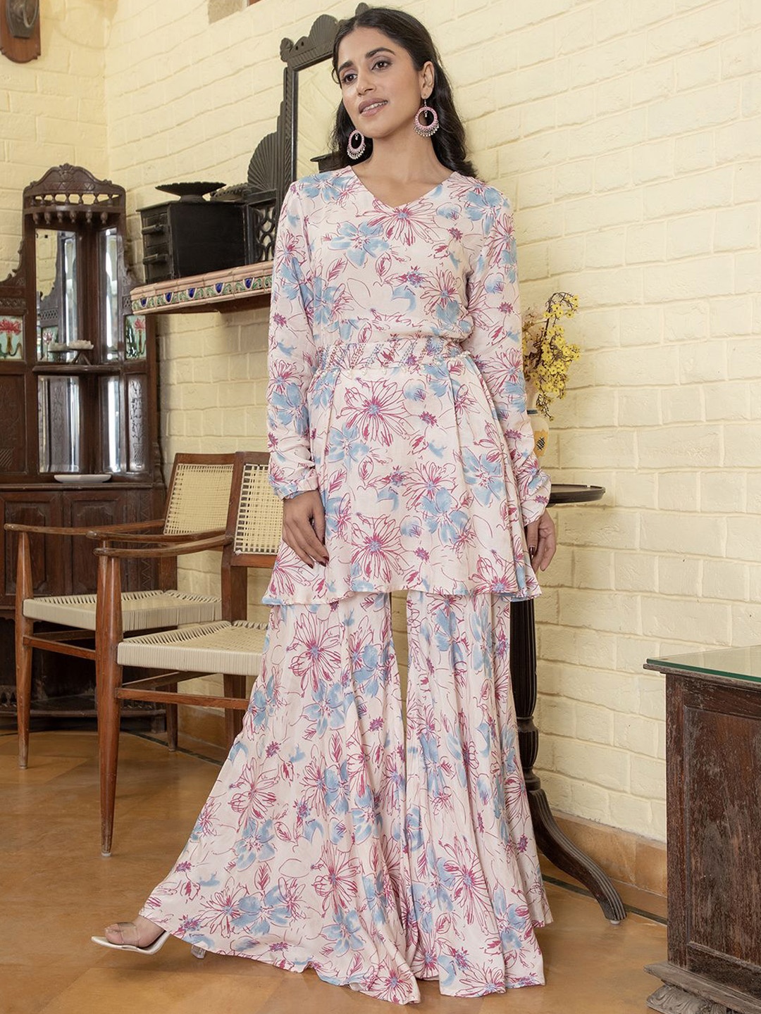 

Sangria Pink Floral Printed V-Neck Pure Cotton Anarkali Kurti With Sharara