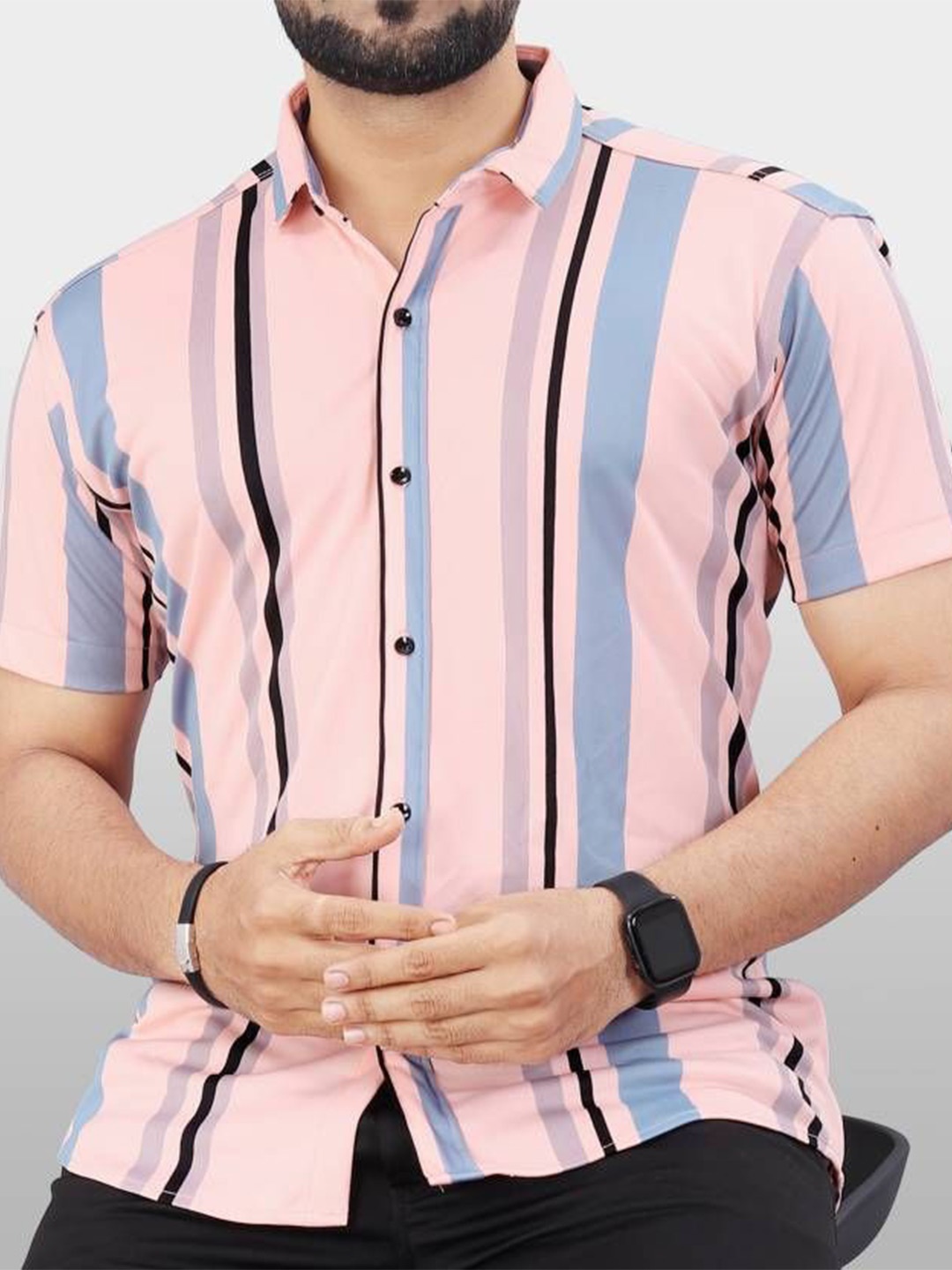 

iCome Men Slim Fit Spread Collar Vertical Striped Cotton Linen Casual Shirt, Pink