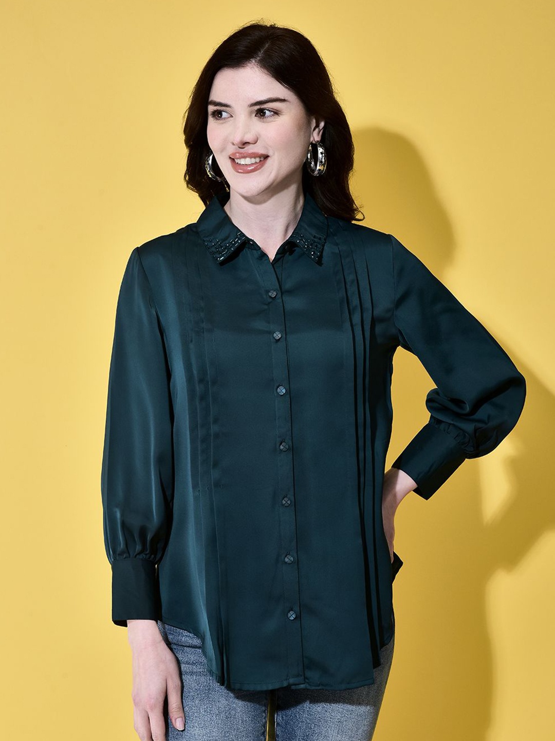 

FUTURO Women Self Design Shirt Collar Satin Top, Olive