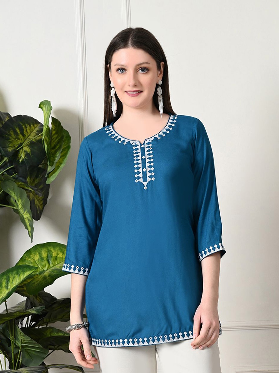 

KALINI Women's Embroidered Yoke Design Thread Work Short Kurti, Blue