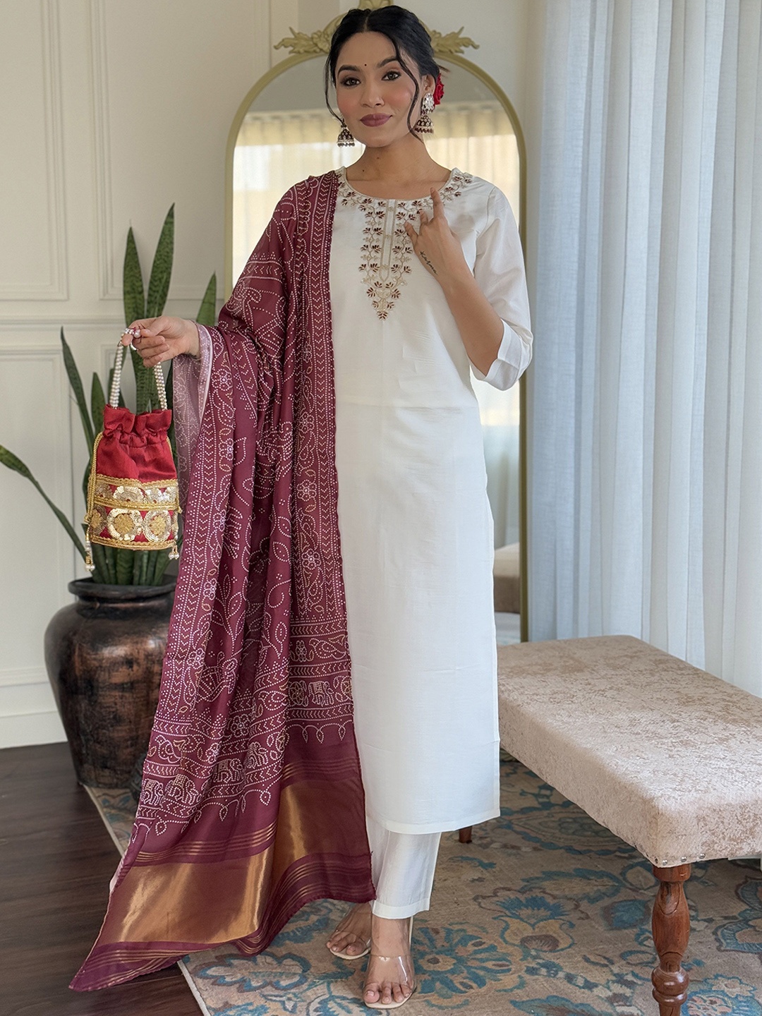 

KALINI Floral Yoke Design Round Neck Straight Kurta With Trousers & Dupatta, Off white