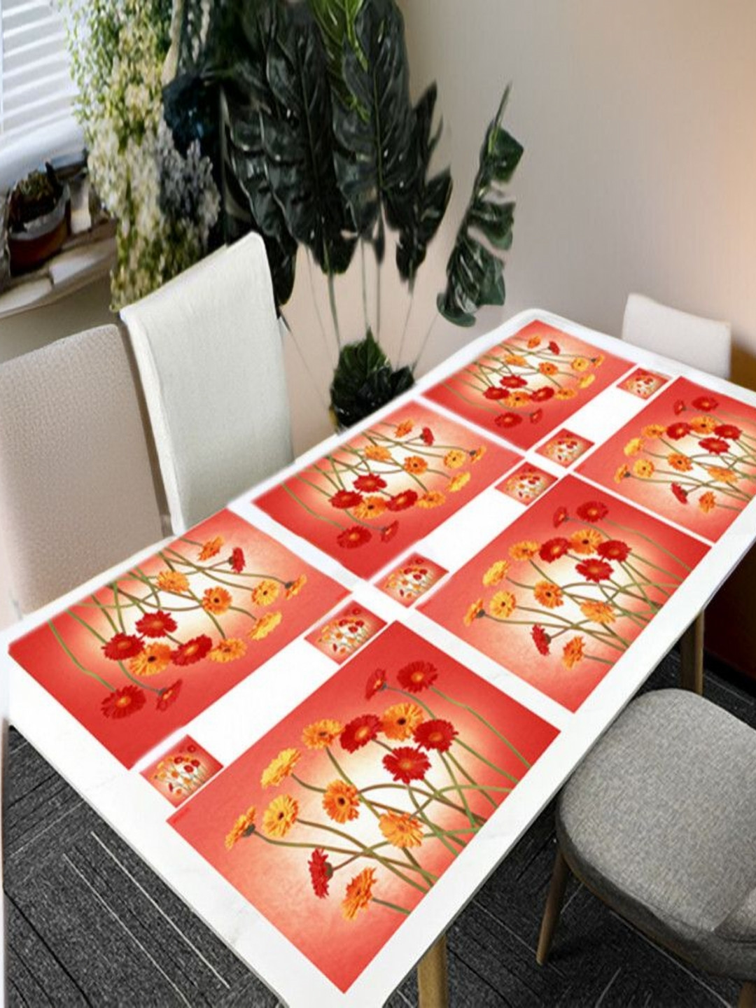 

REVEXO Red & Yellow 12 Pieces Floral Printed Table Placemats & Coasters