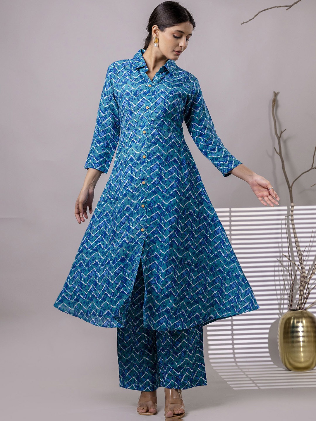 

Mokshi Printed Pure Cotton Shirt Collar Three-Quarter Sleeved Tunic & Palazzo Co-Ord Set, Blue