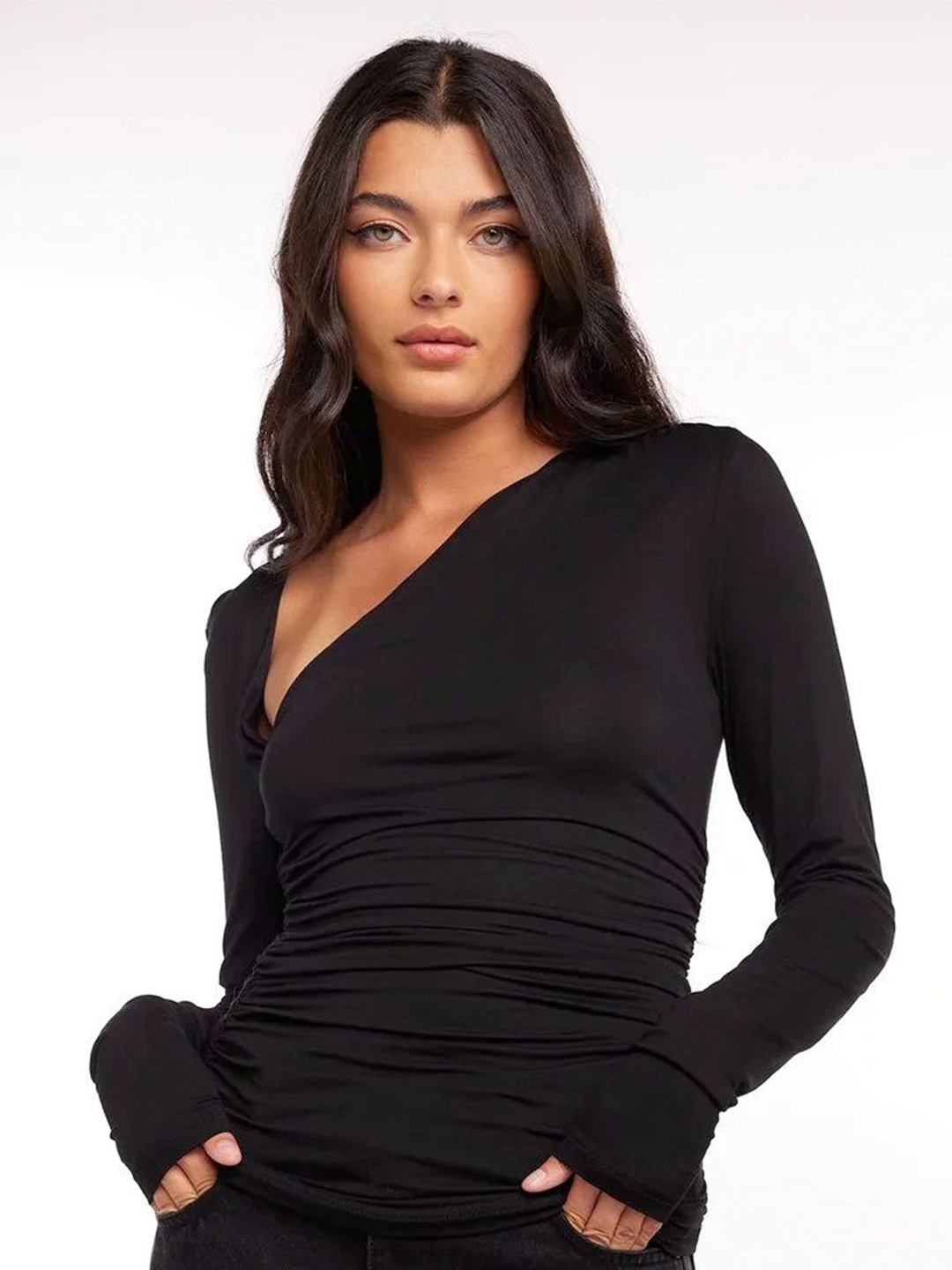 

Dracht Women V-Neck Cotton Fitted Ruched Top, Black