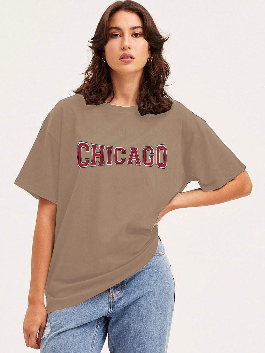 

Moda Rapido Women Typography Printed Round Neck Cotton Oversized T-shirt, Beige