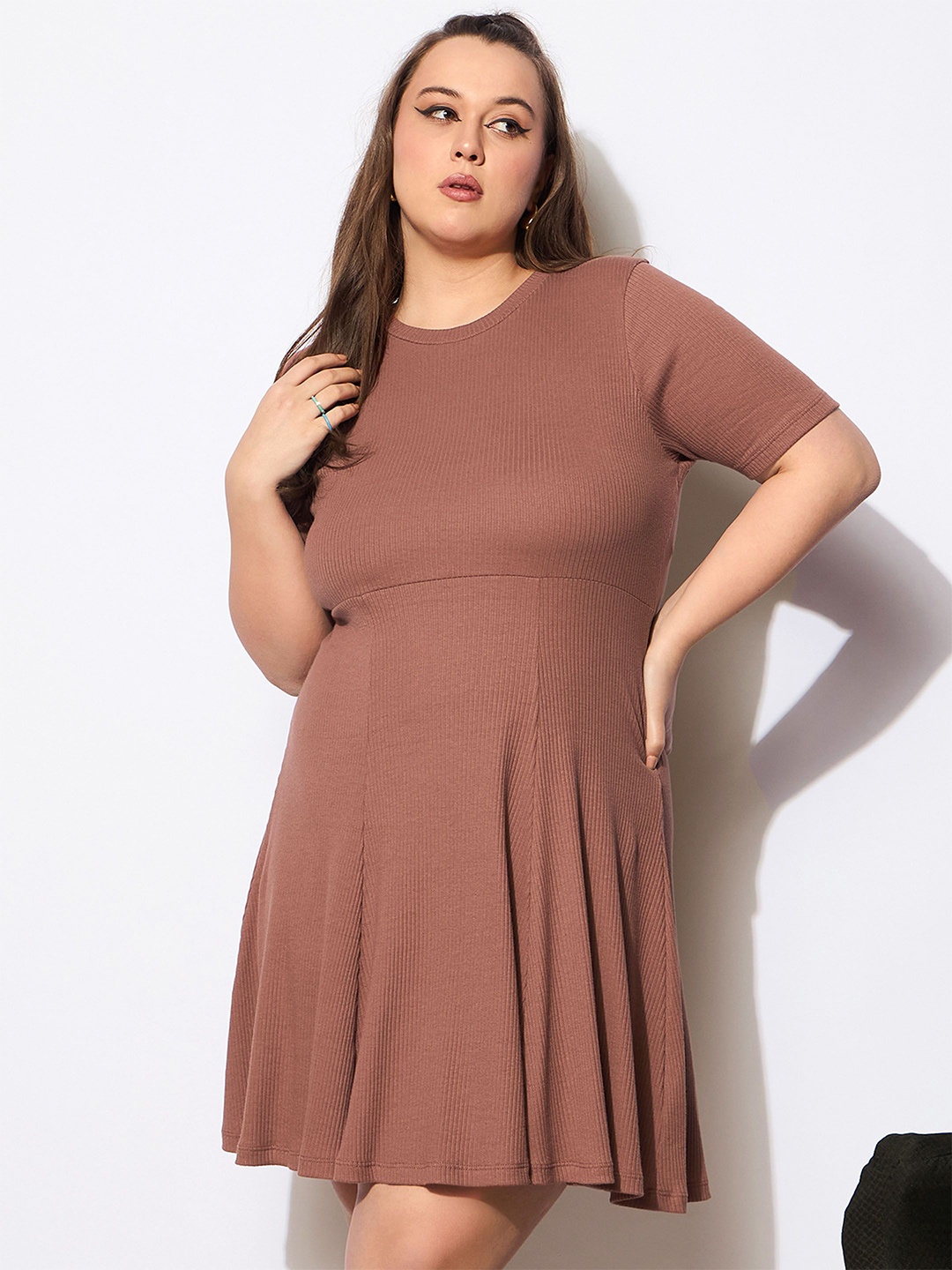 

SASSAFRAS Curve Plus Size Fit & Flare Dress, Brown