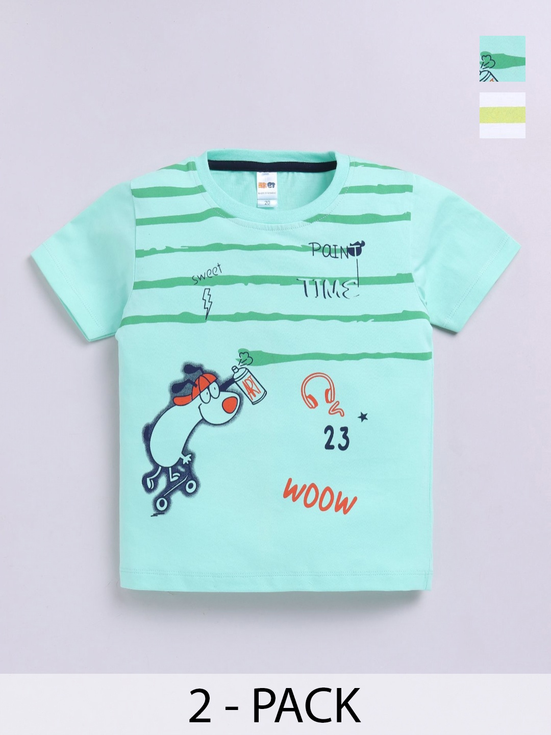 

LITTLE NINJA Boys Pack Of 2 Striped Round Neck Cotton T-shirts, Green